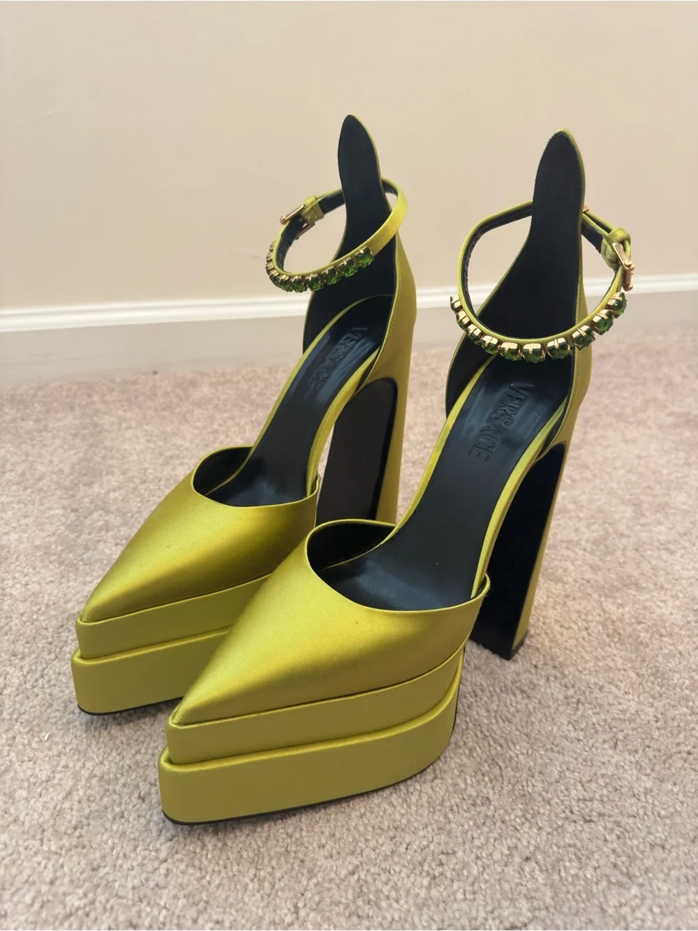 Versace Olive Green Platform Ankle-Strap Pumps with Embellished Buckle
